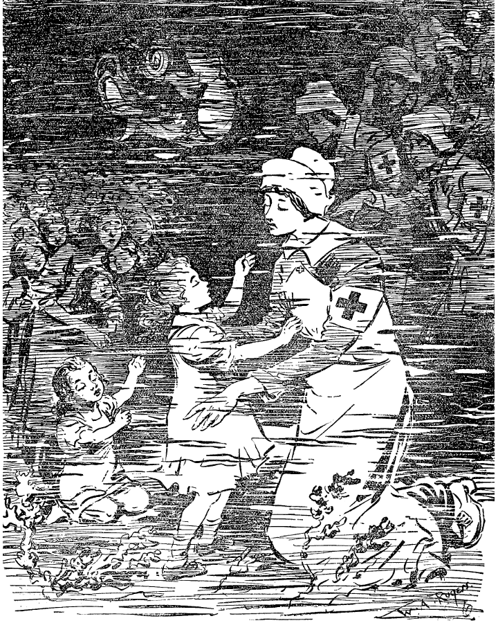 Red Cross nurses with small children underwater.