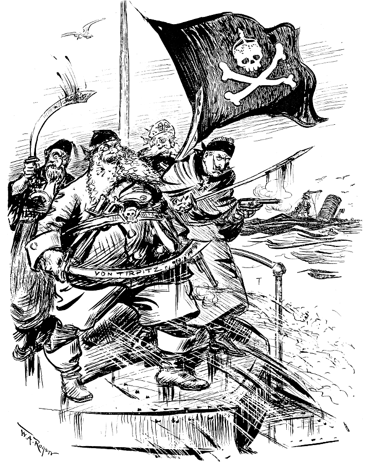 A Turk, Von Tirpitz, Franz Joseph  and Kaiser Wilhelm
             II sailing under a pirate flag.