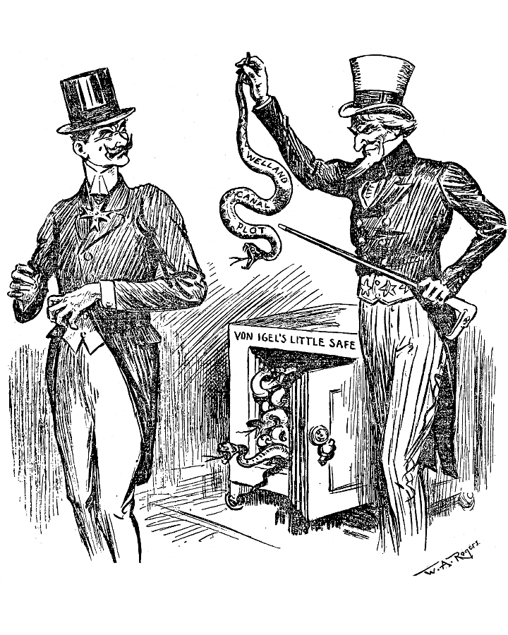 Uncle Sam holding a snake addressing Count Von Bernstorff
            with Von Igel's safe beside him.
