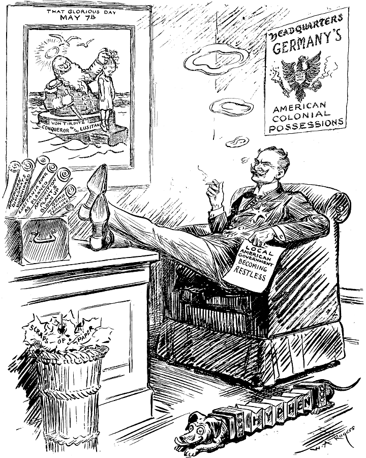 Count Von Bernstorff with his feet on his desk under
             a sign reading Headquarters Germany's Colonial Possessions.