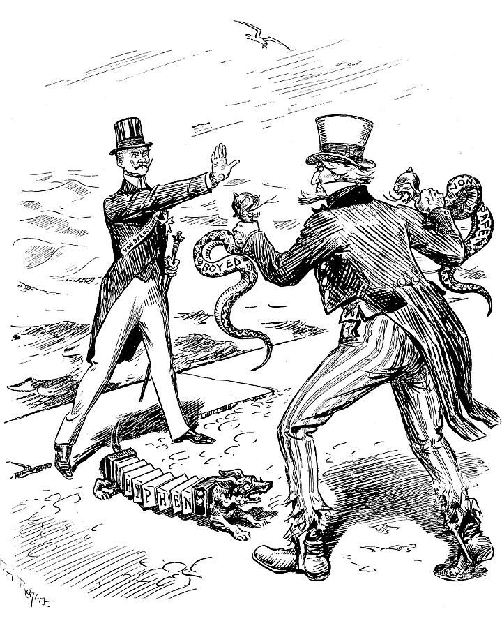 Count Von Bernstorff at the edge of the sea with Uncle
             Sam holding two snakes marked: Boy-Ed and Von Papen.