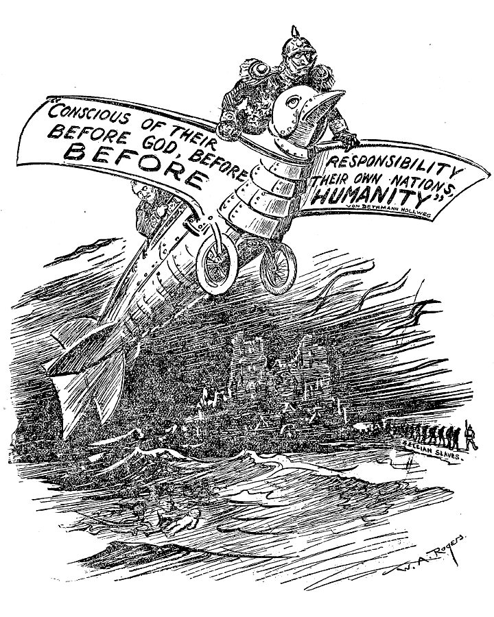 Von Bethmann-Hollweg and the Kaiser in an airplane shaped
            like a dove.