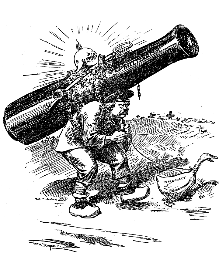 A peasant carrying a cannon on his back and following
             a goose on a string.