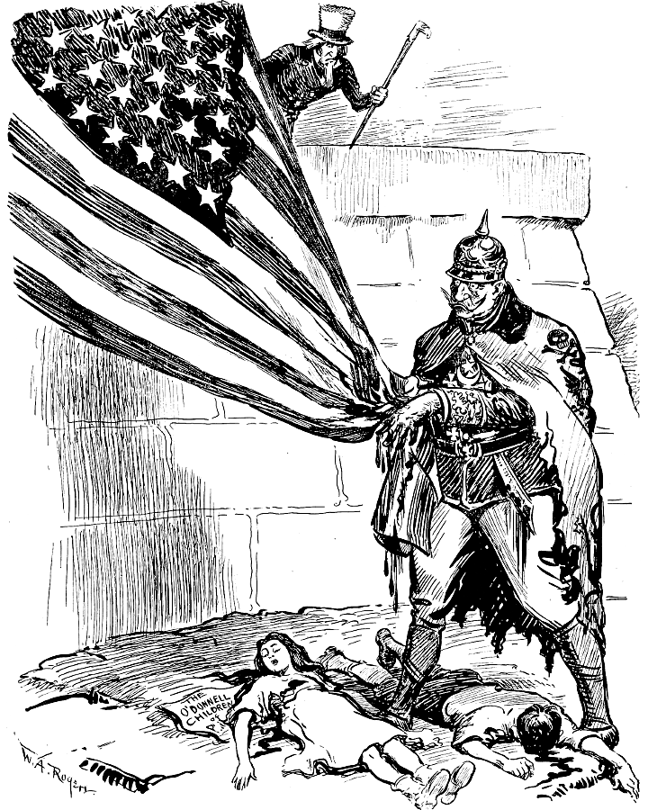 The Kaiser wiping the blood of children off of his hands
        with a U.S. flag.