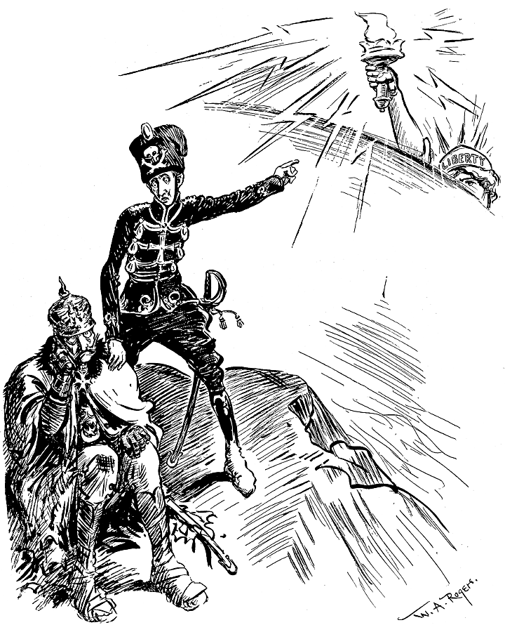 The Kaiser and Crown Prince with Lady Liberty coming
             over the horizon.