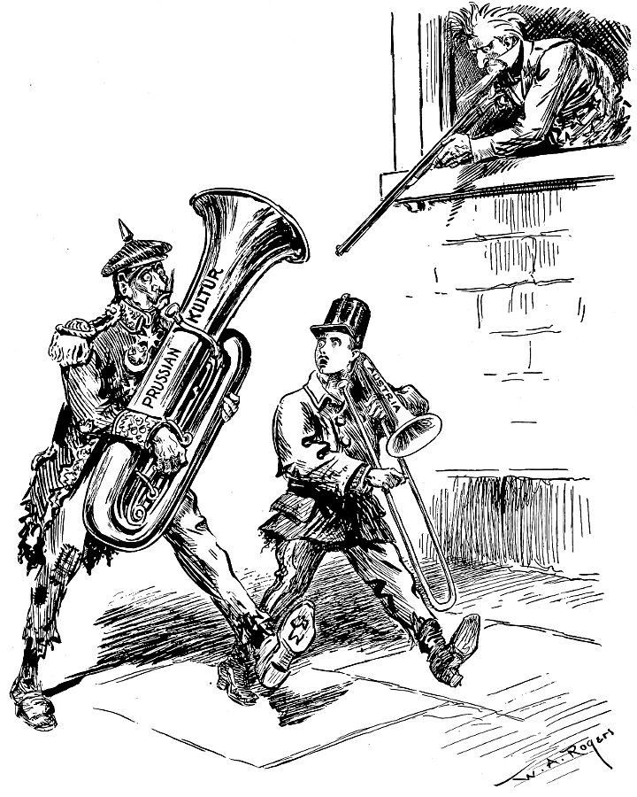 Kaiser Wilhelm playing the tuba, Emperor Charles playing
             the trombone, and Uncle Sam pointing a rifle at them.