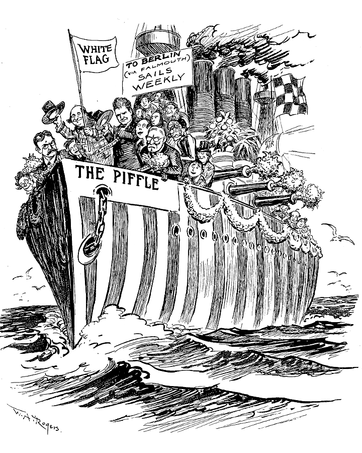 Striped ship with pacifists, Oswald Garrison Villard,
        William Jennings Bryan, Robert La Follette, and others.