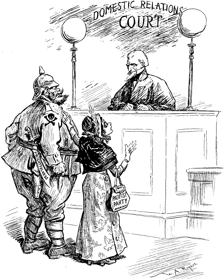 Pacifist Party as a battered wife, with a German soldier
             in Domestic Relations Court.