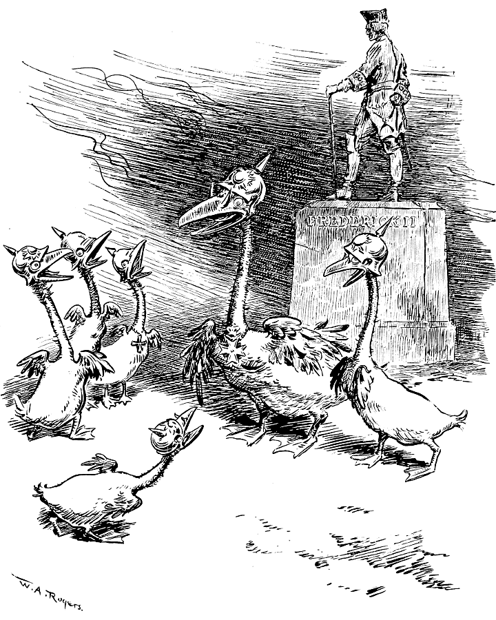 Group of swans wearing pickelhaube at the base of a
             statue of Fredrick II.