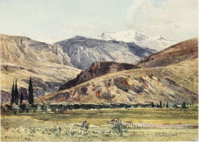 DELPHI FROM ITEA

This drawing indicates in a general way the position of Delphi with
regard to the plain of Cirrha below and the snowclad summit of Parnassos
above. On the left is the opening of the gorge of the Pleistos. Just
above where it disappears from view, to the right, the new village
called Delphi is visible on the slope of the mountain in front of the
great precipices of the Castalian Gorge. Ancient Delphi lies out of
sight in the hollow immediately behind the new village, and between it
and the Castalian cliffs.