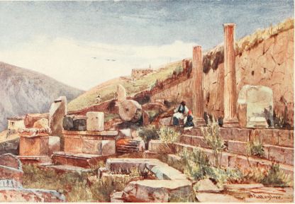 DELPHI. THE PORTICO (STOA) OF THE ATHENIANS

The wall of polygonal masonry to the right is part of the Heleniko, or
terrace wall, of the Great Temple of Apollo. Three marble steps at the
back of the Athenian portico, with two Ionic columns in place, stand in
front of the wall. The “sacred way,” terminating at the east end of the
Great Temple above, passes in front of this portico, and the row of
marble seats along its farther side marks out its course. To the left of
the drawing is seen the mountain slope of Kirphis leading down to the
gorge of the river Pleistos.