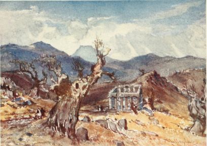 THE TEMPLE OF APOLLO AT BASSÆ IN ARCADIA, WITH DISTANT
VIEW OF MOUNT ITHOME

The front of the Temple faces the spectator, and looks to the north. The
reason for the unusual orientation is evident from the conformation of
the ground. The Temple is, in fact, built upon a ridge, and very
extensive sub-structures would have been necessary if the usual
orientation had been followed.