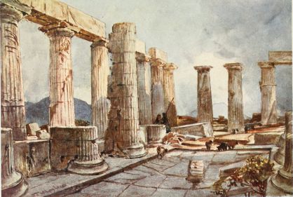 INTERIOR OF THE TEMPLE OF APOLLO AT BASSÆ IN ARCADIA

On the left of the picture are shown some of the columns of the eastern
side of the Temple, together with the attached columns of the cella, a
peculiar architectural feature of this Temple. The front (north) part of
the cella was hypæthral, so the floor below the opening in the roof
was slightly hollowed out&mdash;as shown in the drawing&mdash;to collect the
rain-water. Mount Ithome appears between the columns of the southern end
of the Temple.