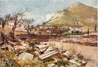 MOUNT ITHOME FROM THE STADION OF MESSENE

At the base of the mountain, part of the village of Mavromati may be
seen. The architectural fragments in the foreground lie near the
entrance to the Stadion. Only the western side of the Stadion appears.
Its site is indicated by two figures seated under a tree.