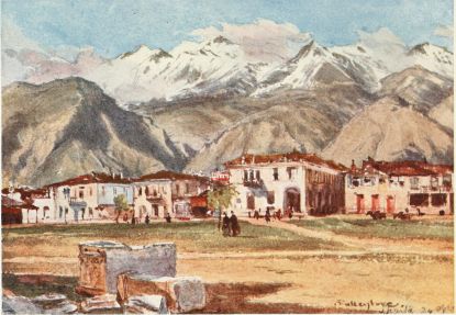 SPARTA AND MOUNT TAŸGETUS

The lower ranges of Taÿgetus above Sparta, strangely suggesting both in
form and colour the front view of a line of gigantic elephants, afford a
fine contrast to the sharp angles of the snowy heights above. The point
of view is immediately in front of the new museum; and the houses at the
foot of the mountain belong to the east end of new Sparta. A Græco-Roman
sarcophagus of marble and architectural fragments are lying in the
foreground.