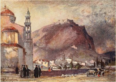 ARGOS AND LARISSA

To the left the principal church of the modern town of Argos. Behind the
town rises the splendid mass of Larissa, the Acropolis of the ancient
city, with mediæval fortifications on its summit. Half-way up lies the
romantically situated convent of the Panagia.