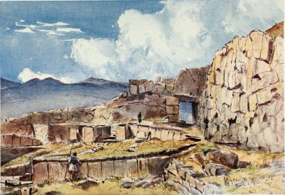 MYCENÆ, SHOWING THE SITE OF THE FAMOUS DISCOVERIES OF
SCHLIEMANN

The mass of so-called cyciopean masonry, on the right, buttresses the
upper part of the Acropolis of Mycenæ. The wall at right angles to it
contains the Lion Gate, and the large triangular stone above the lintel
is the back of the well-known relief of lions or lionesses regardant,
probably the most ancient piece of sculpture in Greece. In the
foreground is shown the singular double wall and gateway of the
enclosure, called by Schliemann the Agora, within which he found the
treasures of Mycenæan art now in the Central Museum in Athens.