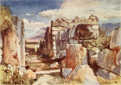 TIRYNS. THE GATE OF THE UPPER CASTLE

The gate post to the left (west) 10½ feet high, is complete, with the
rebate and the hole for the insertion of the strong bar to secure the
gate. Only half of the right (eastern) post remains. Over it we see the
massive outer rampart between the main gate and the gate of the Upper
Castle.