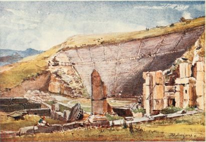 THE THEATRE OF EPIDAURUS

Presumably the work of the younger Polykleitos; the auditorium
(koilon) hollowed out of the side of the hill, as is usual in Greek
theatres. In the diazoma, or horizontal gangway, half-way up the side
of the auditorium, are thrones or seats of honour. The orchestra, marked
by a circle of white marble, is clearly shown, and also the foundations
of the stage buildings. By an act of barbarism, which has sadly ruined
the artistic interest of this, the most beautiful ancient Greek theatre,
the marble proscenium decorated with engaged Ionic columns has been
removed, as not being part of the original design of the building. One
of the great gateways opening into the passage (parados) leading to the
orchestra occupies the lower middle part of the drawing.