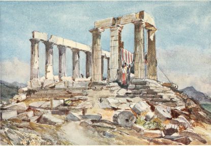 THE TEMPLE OF ATHENA AT SUNIUM (CAPE COLONNA) FROM THE
NORTH

An encampment on the site of the cella of the Temple.