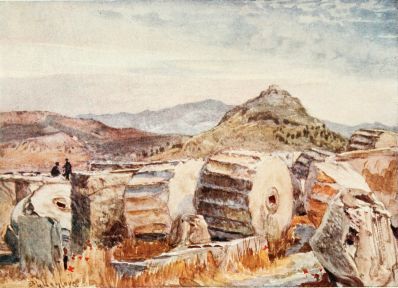 MOUNT PENTELIKON AND LYCABETTOS FROM THE NORTH-EASTERN
ANGLE OF THE PARTHENON (EARLY MORNING LIGHT)

The drums of columns, and other fragments of the Parthenon lying in the
foreground, make of themselves a very fine subject, irrespective of the
delicate beauty of the distant outline of Pentelikon, which shows itself
here with special appropriateness as the mountain from the sides of
which the marble of the Parthenon was quarried.