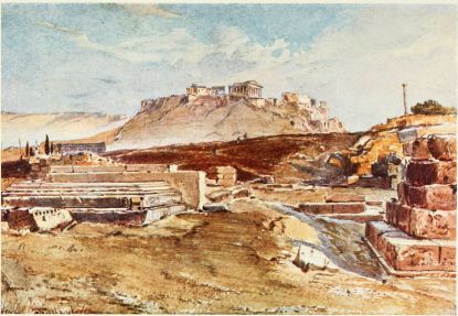 THE DIPYLON (GATE) AT ATHENS

The central block of the outer side of the gate is in the foreground; in
front of it the marble base of a statue with a low bench, also in
marble. In the distance is seen the Acropolis, with the Propylæa at the
right hand.