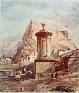 THE CHORAGIC MONUMENT OF LYSICRATES

Behind it rises the grand mass of the eastern end of the Acropolis rock;
along the southern front of the Acropolis walls are seen the two votive
columns which bore votive tripods, similar to the one for which the
“Monument of Lysicrates” served as a support.