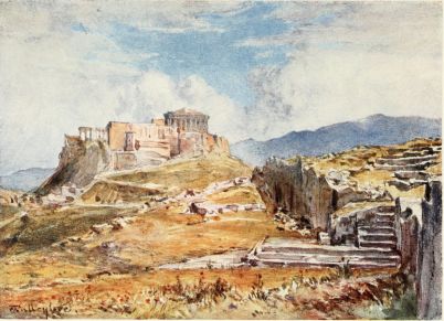 THE PNYX; OR, PLACE OF ASSEMBLY OF THE ATHENIAN PEOPLE

At the junction of the converging lines of scarped rock is the bēma,
or altar, of the Pnyx, with a platform in front, from which, it is
believed, the orators addressed the people. It will be seen that the
steps, at the side of the cubical mass of rock, which has been called an
altar, ascend right up to the top of it; and it seems probable that we
have here rather the basis of the altar than the altar itself. The
latter may very well have been movable. Above the bēma will be seen
the remains of a semicircular row of seats, apparently the seats of the
Prytanes, facing the people. In the middle distance of the drawing the
Acropolis rises majestically, and is finely opposed by the long line of
Mount Hymettos.