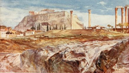 THE ACROPOLIS, WITH KALLIRRHOÈ IN THE FOREGROUND

The worn and polished bed of the Ilissus, down which trickles the water
of the fountain of Kallirrhoè, is richly coloured with blue and purple,
owing to reflected light from the blue sky of a brilliant early morning
in summer. The Acropolis, with the Parthenon (divided into two masses
from this point of view), is relieved against the sky. To the right are
some of the lofty columns of the Temple of Olympian Zeus, the little
café or refreshment house giving scale to them.