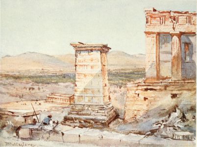 ATHENS. THE MONUMENT OF AGRIPPA AND THE PINACOTHECA

Behind the lofty pedestal of the monument of Agrippa is the temple of
Theseus; to the right the sub-structures and part of the north wing of
the Propylæa (the Pinacotheca). To the left we have the wall of the
terrace or bastion of the Temple of Wingless Victory. The distant view
gives the plain of the Kephissus and the mountains of Daphni.