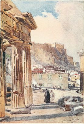 THE PORTICO OF ATHENA ARCHEGETIS AT ATHENS

The entrance to the market-place, built in the time of Augustus. On the
side of the cliff of the Acropolis we see the caves of Pan and Apollo
beneath the north wing of the Propylæa.