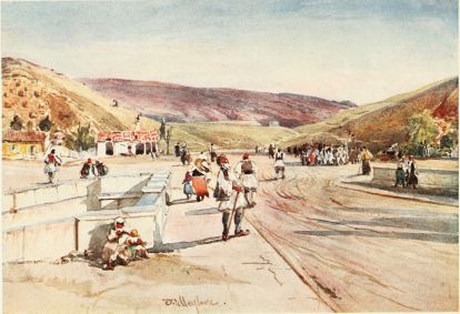 THE STADION AT ATHENS

The line of sight is in the direction of the axis of the Stadion. The
hills sloping right and left show the line of the seats for spectators.
The stones projecting from the side of the hill to the left are part of
the masonry which faced the eastern limb of the Stadion on its southern
side. In the foreground is the modern bridge over the Ilissus leading to
the Stadion.