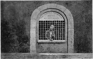 The Fleet Beggar

From the painting by Hosmer Shepherd

At the barred window at the gate of the Fleet prison, it was the
custom for an emaciated debtor to sit, rattling his money-box and
imploring alms. English law made no regular provision for the
imprisoned debtors. The creditor was supposed to contribute
fourpence daily to provide him with food, but this was rarely made
and could only be enforced by process of law.
