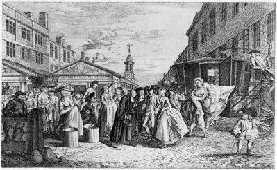 A Fleet Wedding

From the picture by Hogarth

The Fleet Prison was a popular place for clandestine marriages in
the seventeenth century, and the Fleet parsons, so-called, did a
thriving business. Two thousand marriages were performed within a
few years by one of the parsons entitled the “Bishop of Hell,” who
was, like most of them, merely a layman assuming cassock and gown.
Bridegrooms were kept on hand for emergency, and a “plyer” stood
outside soliciting business for his employer, the “parson.”