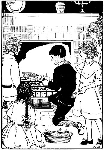 boy popping corn over fire while other children look on