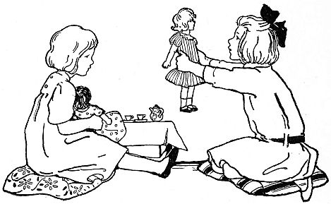 girls having tea party with dolls but not paper dolls