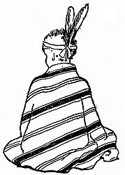 boy with back to us wrapped in striped blanket with headband and two feathers on his head