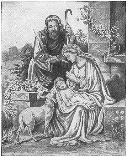 Mary, Joseph and baby Jesus sitting outside with a lamb