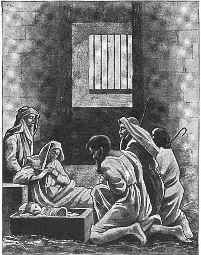 shepherds vsiting holy family in what looks like jail with bars on window