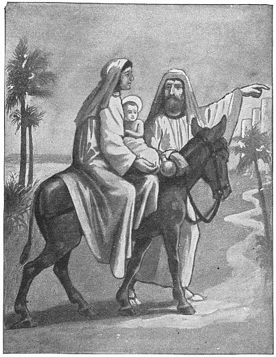 Mary on donkey, Jesus baby with halo, Joseph walking and pointing ahead