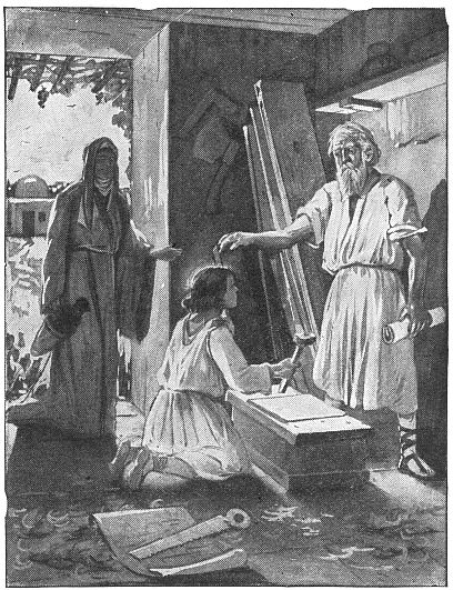 very old Josephe with boy Jesus in carpentry shop with Mary at doorway