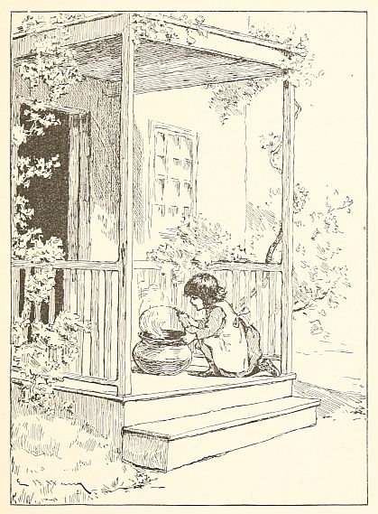 girl with cauldron on porch