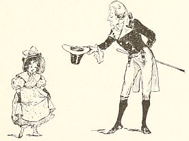 Man tipping hat to little girl curtseying
