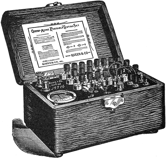 Fig 576Queen Acme portable testing set It consists of a Wheatstone bridge with reversible
