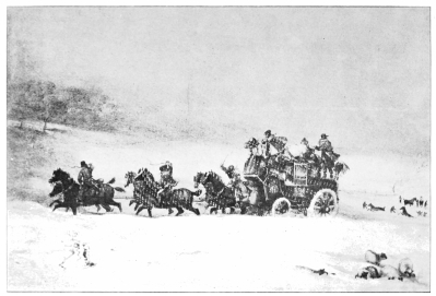 Image unavailable: THE GREAT SNOWSTORM OF 1836; THE EXETER ‘TELEGRAPH,’
ASSISTED BY POST-HORSES, DRIVING THROUGH THE SNOW-DRIFTS AT AMESBURY
(AFTER JAMES POLLARD).