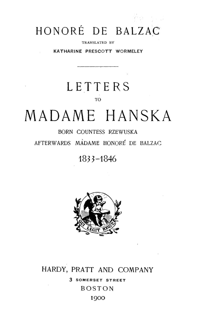 The Project Gutenberg eBook of Letters to Madame Hanska, by Honoré De Balzac. image