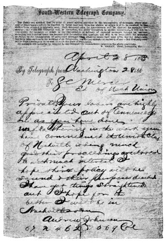 Image unavailable: [Telegram from Andrew Johnson, Military Governor of
Tennessee, to S. C. Mercer, Editor of the “Nashville Daily Union.”