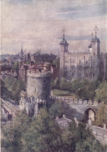 THE WHITE TOWER (KEEP), WITH THE LANTHORN TOWER IN THE
FOREGROUND, FROM THE TOWER BRIDGE
