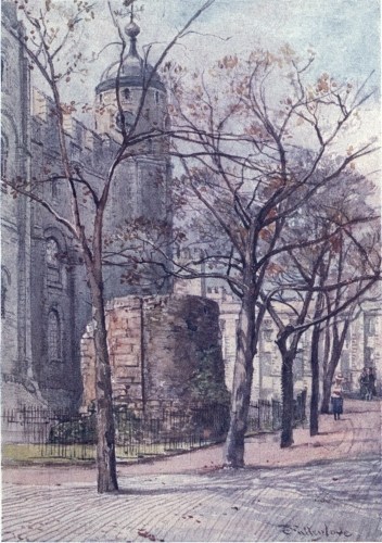 Image unavailable: PART OF A BASTION OF OLD LONDON WALL, WITH CLOCK TOWER OF
THE WHITE TOWER
