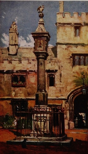 CORPUS CHRISTI COLLEGE

In the centre of the quadrangle rises a cylindrical dial surmounted by a
“pelican in her piety,” the badge of the Founder of the College.